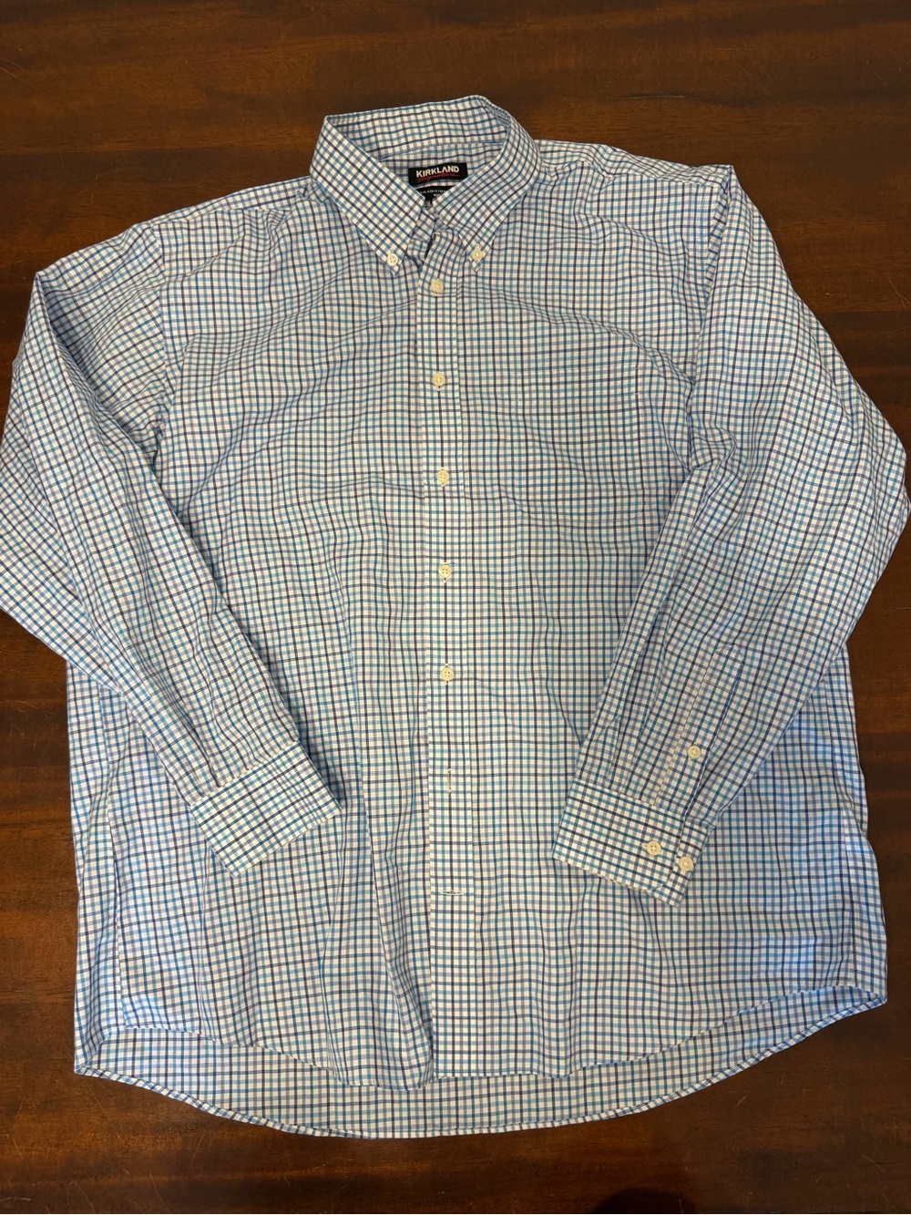 Kirkland Signature Blue and White Small-Check Button-Down Shirt